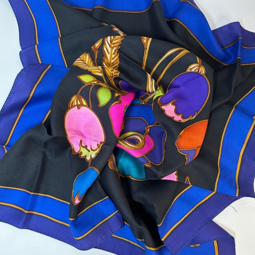 Vintage Mod Floral Square Scarf Psychedelic Flowers Blue Border Retro - Picture 2 of 6